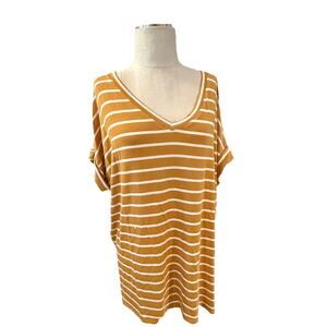 Zenana Tee Shirt Top Womens Large Orange White Striped Short Sleeve Pullover
